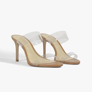 Schutz Ariella Leather Sandal Clear Mule Stiletto Heels Wood Beige/ Vinyl size 6